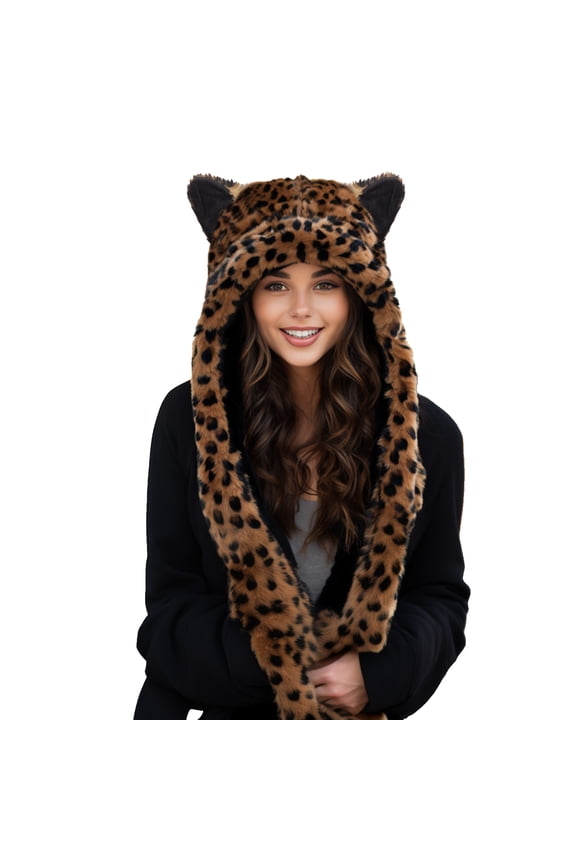 Women Plush Novelty Animal Hat, 3 in 1 Function Faux Fur Full Animal Hood Hat Winter Warmer Cap