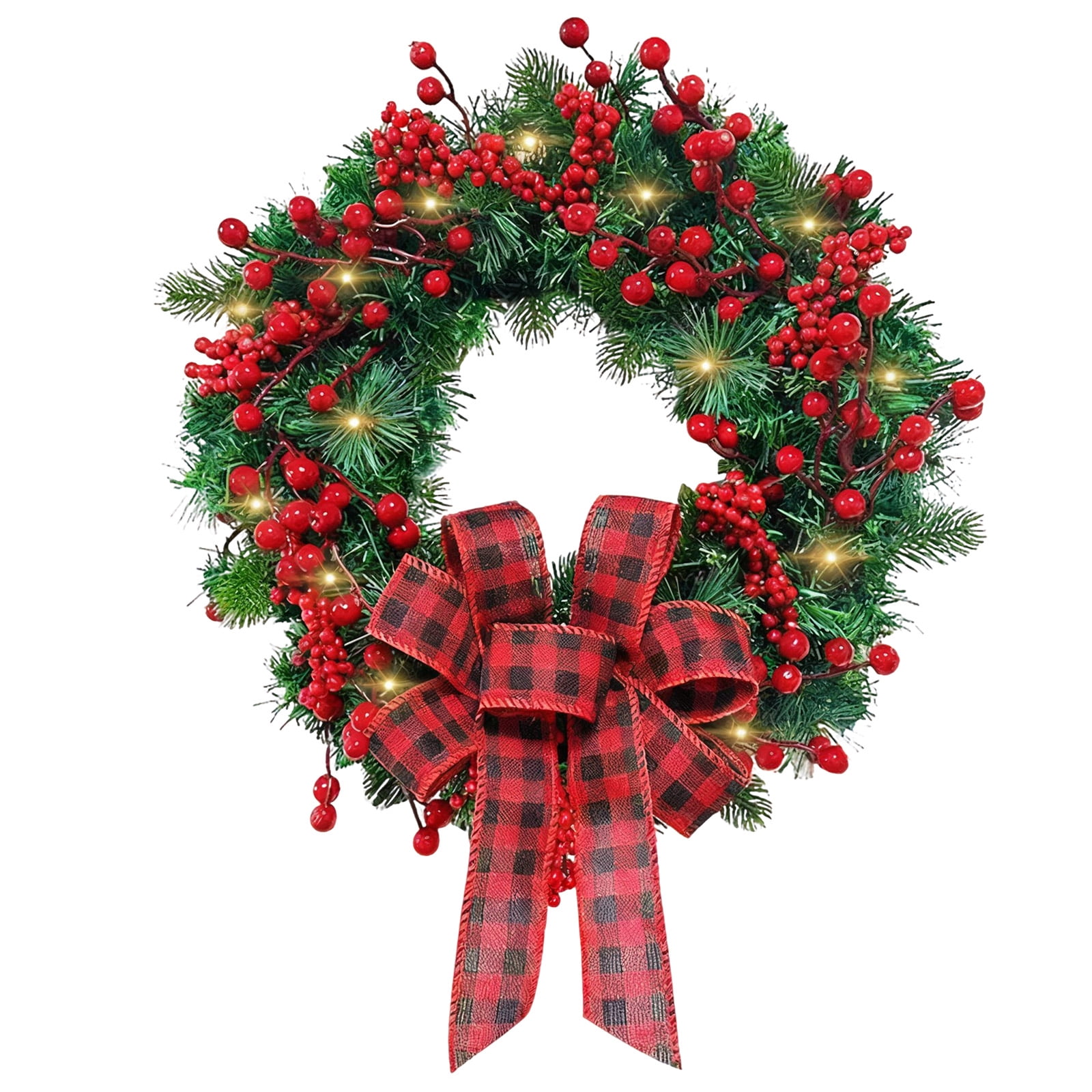 ShellKingdom Pre-Lit Christmas Wreath Lush Pine Needle Wreath with Red ...