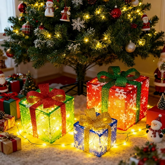 ShellKingdom Christmas Lighted Gift Boxes Set of 3 - 50 LED Light Up Holiday Decor with Warm White Lights, Battery Operated Gift Boxes for Indoor Outdoor Xmas Tree Porch Decor
