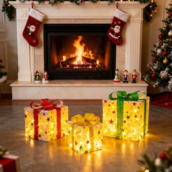 ShellKingdom Christmas Lighted Gift Boxes Set of 3 - 50 LED Light Up Holiday Decor with Warm White Lights, Battery Operated Gift Boxes for Indoor Outdoor Xmas Tree Porch Decor