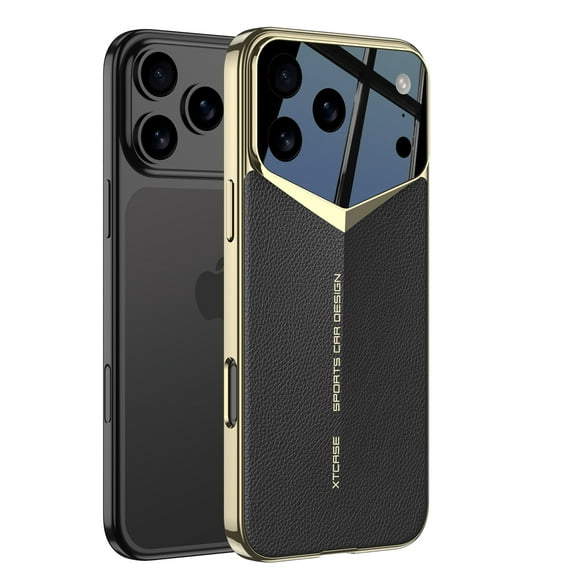 ShellTech For Apple iPhone 17 Pro Back Cover Shock-Absorbent Lightweight Non-Slip Tempered Glass PU Leather PC+TPU Basic Protective Case Cover Magnetic,Goldblack