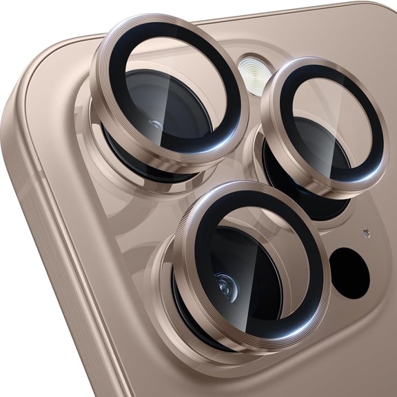 ShellTech Camera Lens Protector for iPhone 16 Pro Max,HD Tempered Glass Screen Protector Metal Individual Ring Camera Cover Military Grade Shatterproof Ultra Accessories Case,Gold Titanium