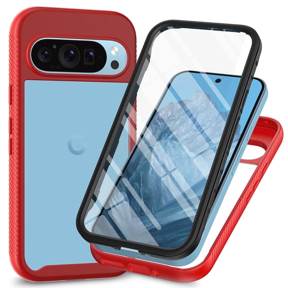 ShellTech Case for Google Pixel 10/10 Pro Built-in Screen Protector, PET Screen Film, Slim Fit Full-Body All-Around Protection Sturdy TPU+PC Case, Impact-resistant Hard Clear Phone Cover,Red