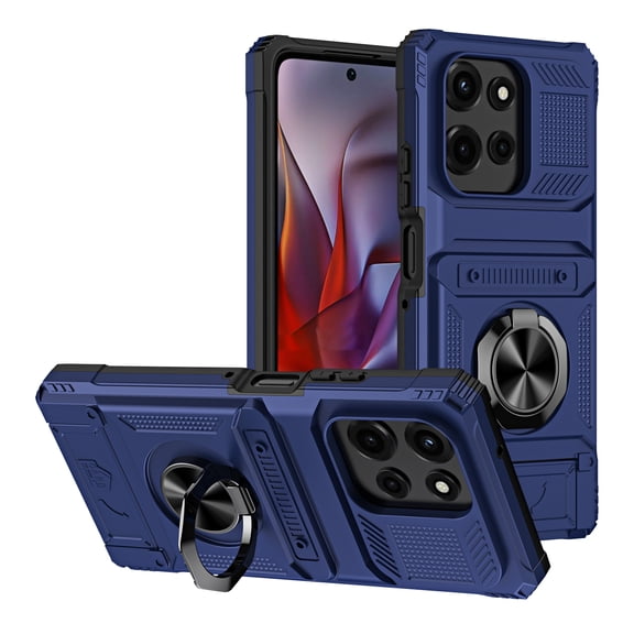 ShellTech Case for Motorola Moto G Power 5G 2025 ,Shockproof TPU + PC Case Ring Holder Kickstand Case with Card Holder Slot Military Drop Protection Cover,Blue