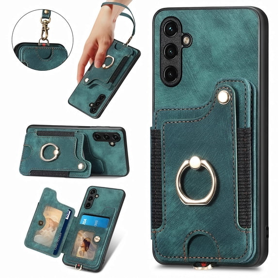 ShellTech Case for Samsung Galaxy A05s ,Magnetic Leather Card Holder Wallet RFID-Blocking Case Shockproof TPU Ring Holder Kicsktand Cover with Wrist Strap,Green