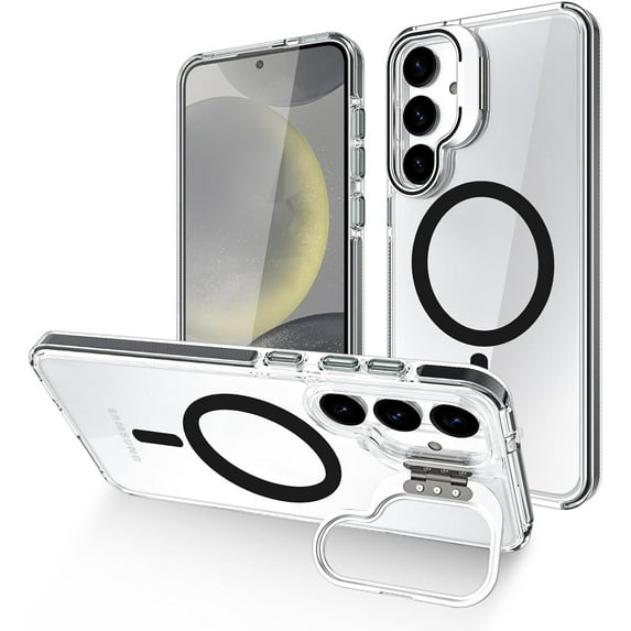ShellTech Case for Samsung Galaxy S24 Plus,Shockproof TPU Clear Case with Camera Cover Stand Military Grade Protection Compatible with MagSafe Slim Magnetic Cover,Black