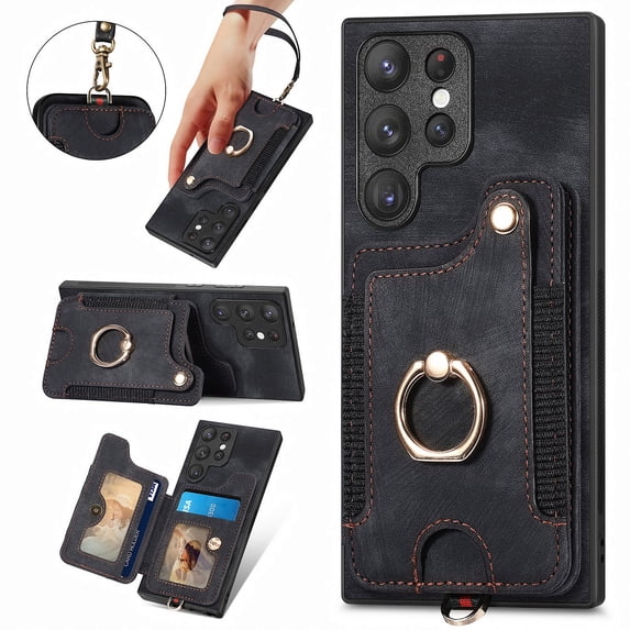 ShellTech Case for Samsung Galaxy S24 Ultra,Magnetic Leather Card Holder Wallet RFID-Blocking Case Shockproof TPU Ring Holder Kicsktand Cover with Wrist Strap,Black