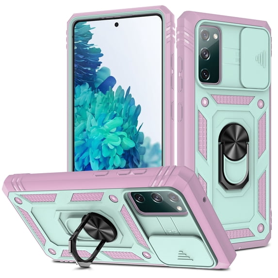 ShellTech Case for Galaxy S20 FE, Shockproof Impact Resistant with Slide Lens Protective Cover Case for Samsung Galaxy S20 FE/S20 FE 5G,Green/Pink
