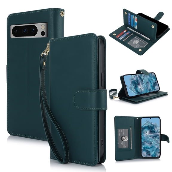 ShellTech Case for Google Pixel 8 Pro,Premium Leather Case with Card Slots Kickstand Magnetic Flip Phone Cover TPU Shockproof Cover,Green
