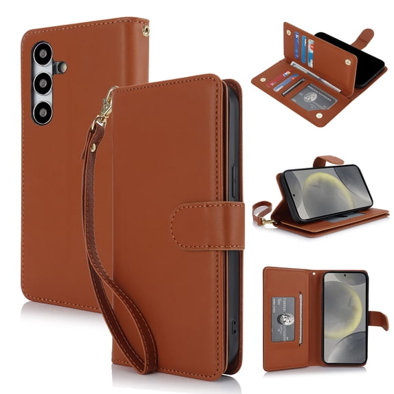 ShellTech Case for Samsung Galaxy S23 FE,Premium Leather Case with Card Slots Kickstand Magnetic Flip Phone Cover TPU Shockproof Cover,Brown