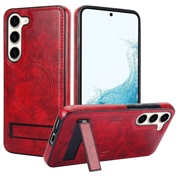ShellTech Case for Samsung Galaxy S23,Magnetic Leather Mag-Safe Case Hidden Kickstand Cover for Galaxy S23,Winered