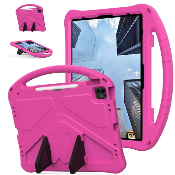 ShellTech Case for iPad Pro 13 inch (M4) 2024,iPad Air 13 inch (M2) 2024 Shockproof Kids Friendly EVA Boy Girl Handle Case Kickstand Cover,Rose