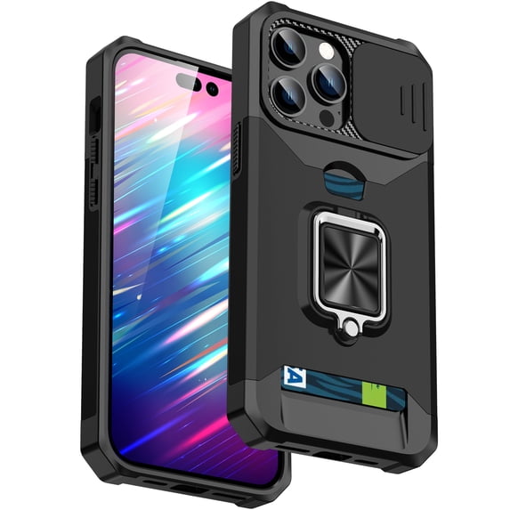 ShellTech Case for iPhone 13 Pro Max,Shockproof Rubber Ring Holder Kickstand Case Magnetic Card Slot Slide Camera Lens Protection Back Cover,Black