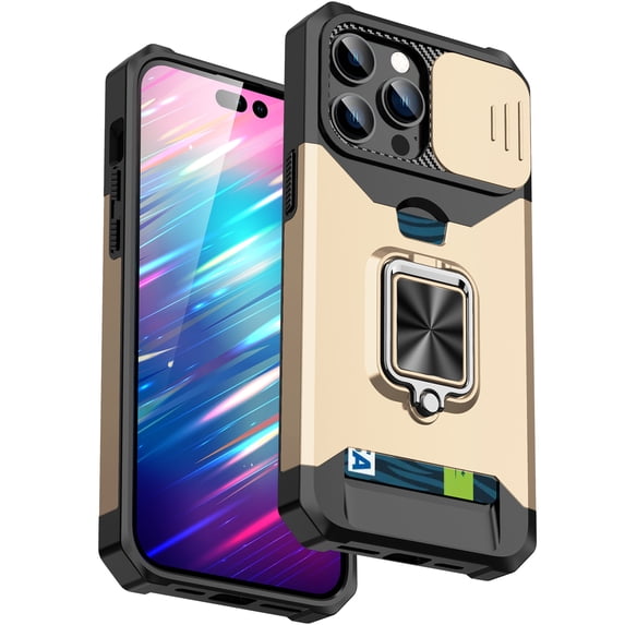 ShellTech Case for iPhone 13 Pro Max,Shockproof Rubber Ring Holder Kickstand Case Magnetic Card Slot Slide Camera Lens Protection Back Cover,Gold