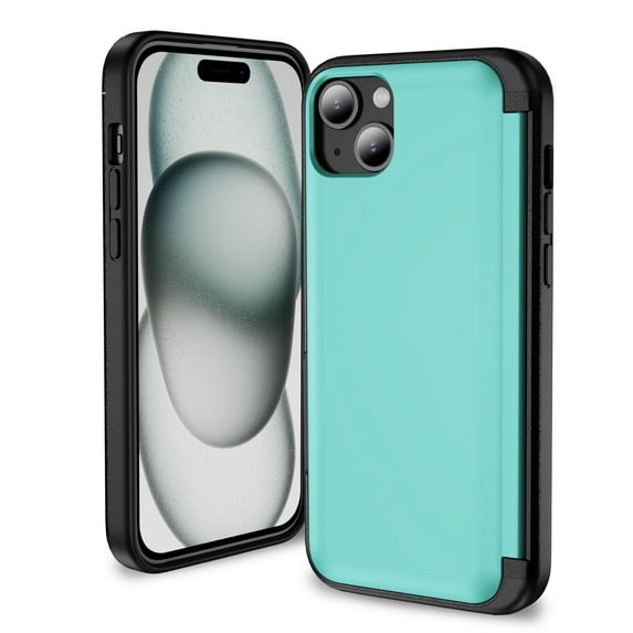 ShellTech Case for iPhone 14 Plus,Built-in Card Slot Case Shockproof Rubber Hybrid PC Flip Kickstand Heavy Duty Military Grade Armor Cover,Cyan