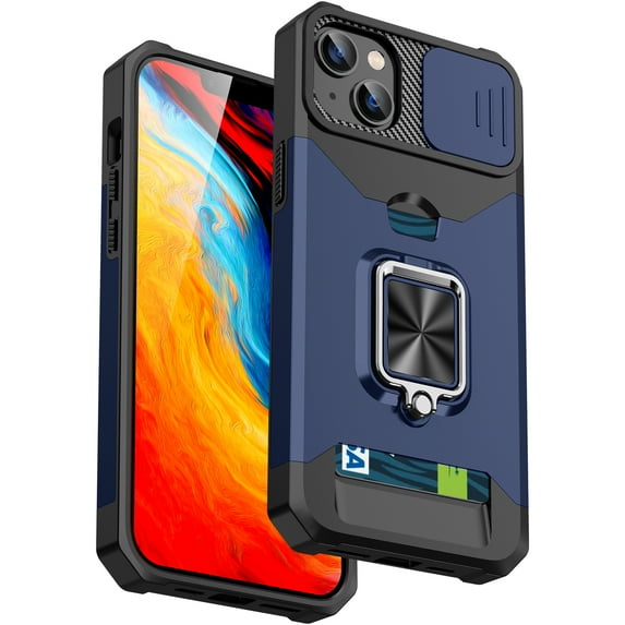 ShellTech Case for iPhone 14 Plus,Shockproof Rubber Ring Holder Kickstand Case Magnetic Card Slot Slide Camera Lens Protection Back Cover,Navy