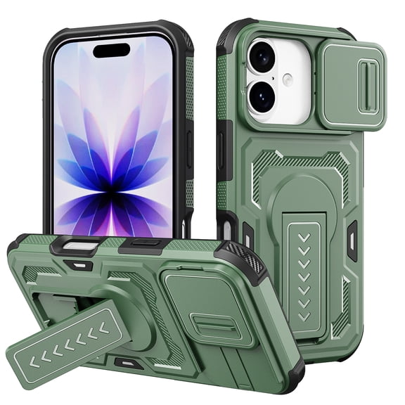 ShellTech Case for iPhone 17,Shockproof TPU+PC Case with Slide Camera Cover Kickstand Case for iPhone 17,Green