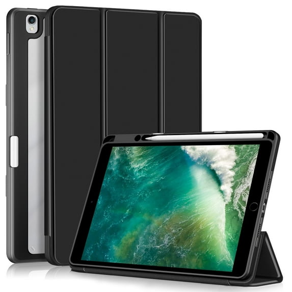ShellTech Case for iPad 9th 8th 7th Generation 10.2-inch,Magnetic Folio Smart Leather Case Clear PC Auto Sleep/Wake Trifold Stand Back Cover Built-in Pencil Holder,Black