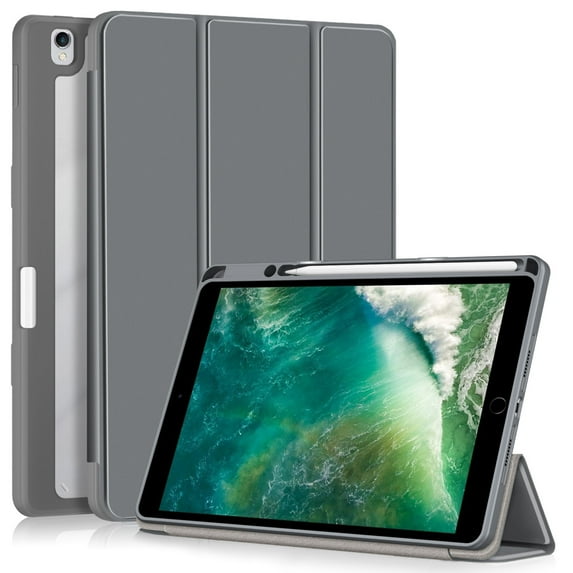 ShellTech Case for iPad 9th 8th 7th Generation 10.2-inch,Magnetic Folio Smart Leather Case Clear PC Auto Sleep/Wake Trifold Stand Back Cover Built-in Pencil Holder,Grey
