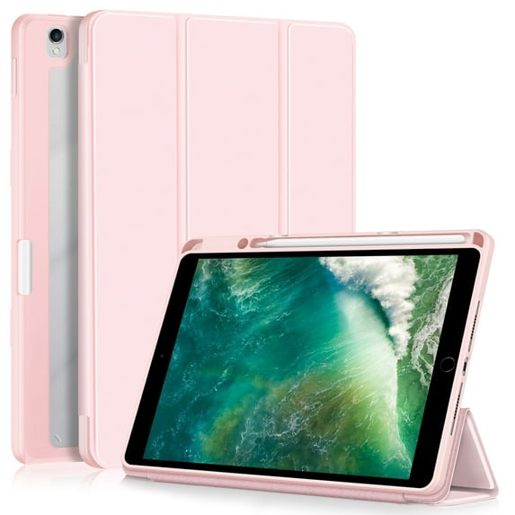 ShellTech Case for iPad 9th 8th 7th Generation 10.2-inch,Magnetic Folio Smart Leather Case Clear PC Auto Sleep/Wake Trifold Stand Back Cover Built-in Pencil Holder,Pink