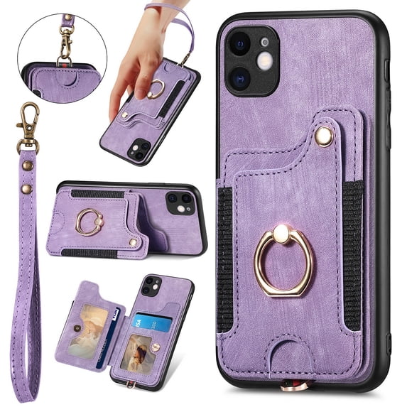 ShellTech Case for iPhone 11,Magnetic Leather Card Holder Wallet RFID-Blocking Case Shockproof TPU Ring Holder Kicsktand Cover with Wrist Strap,Purple