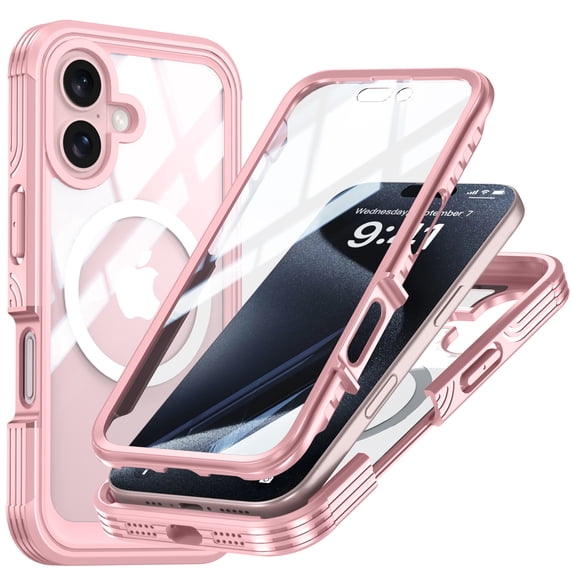 ShellTech Case for iPhone 16,Rugged Protective Clear Back Hybrid Magnetic Wireless Charging TPE+PC with Built-in Screen Shockproof Protector Phone Case,Pink