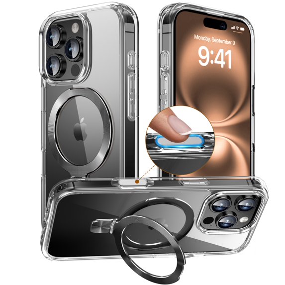 ShellTech Clear Case for iPhone 16 Pro with Camera Control Capture Button,Shockproof Transparent TPU Case Compatible with MagSafe Metal Ring Holder Kickstand Cover,Black
