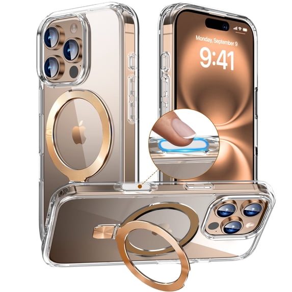 ShellTech Clear Case for iPhone 16 Pro with Camera Control Capture Button,Shockproof Transparent TPU Case Compatible with MagSafe Metal Ring Holder Kickstand Cover,Desertgold
