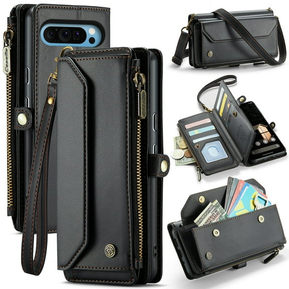 ShellTech Compatible with Google Pixel 9 Pro XL Crossbody Wallet Case 5G RFID Blocking 7-Card Holder Soft PU Leather Magnetic Snap Strap Zipper Pocket Phone Case,Black