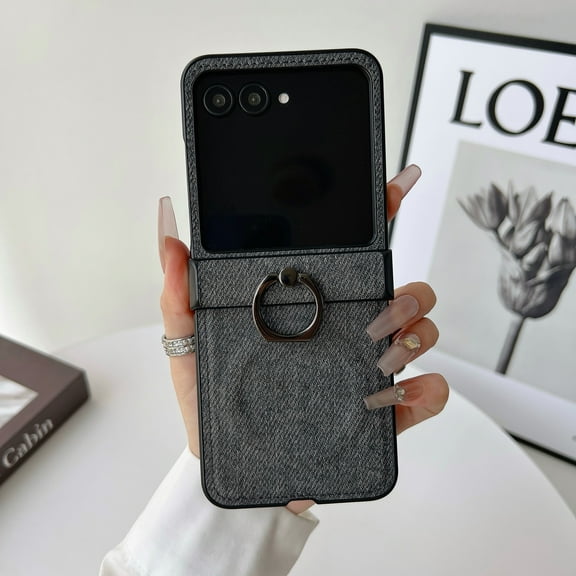 ShellTech Compatible with Motorola Razr 2024 PU Leather+Hard PC Magnetic Case with Ring Holder, Slim Shockproof, Wireless Charging Compatible, Anti-Scratch Foldable with Comfortable Grip,Black