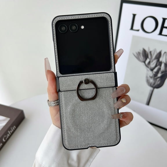 ShellTech Compatible with Motorola Razr Ultra 2025 PU Leather+Hard PC Magnetic Case with Ring Holder, Slim Shockproof, Wireless Charging Compatible, Anti-Scratch Foldable with Comfortable Grip,Gray