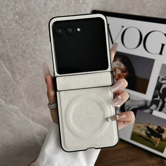 ShellTech Compatible with Motorola Razr Ultra 2025 Slim PU Leather & Hard PC Magnetic Case, Shockproof Anti-Scratch Back Cover with Wireless Charging Support, Lightweight, Precise Cutouts,White