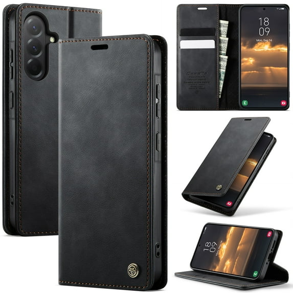 ShellTech Compatible with Samsung Galaxy A26 5G Flip PU Leather Case, Ultra-Thin Stitched Folio Book Wallet Cover with Kickstand, 2 Card Holders, Cash Slot, Magnetic Closure,Black