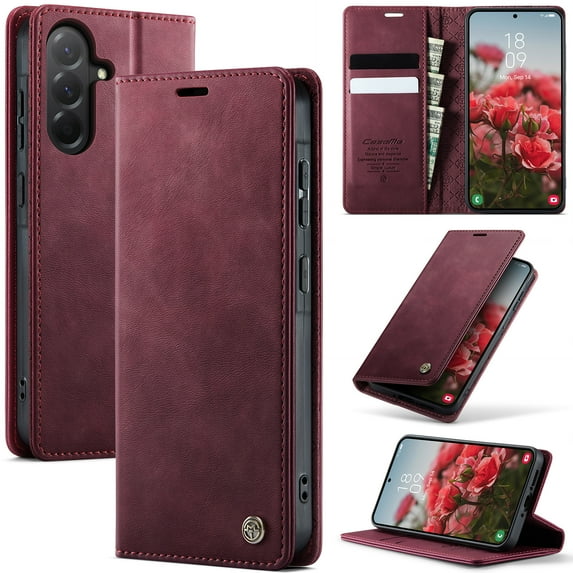 ShellTech Compatible with Samsung Galaxy A26 5G Flip PU Leather Case, Ultra-Thin Stitched Folio Book Wallet Cover with Kickstand, 2 Card Holders, Cash Slot, Magnetic Closure,Red