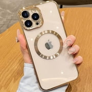 ShellTech Compatible with iPhone 12 Pro Max Magnetic Clear Case,Luxury Plating Electroplated Transparent Shockproof MagSafe Case with Full Camera Lens Protector for Women Girl Men,Gold