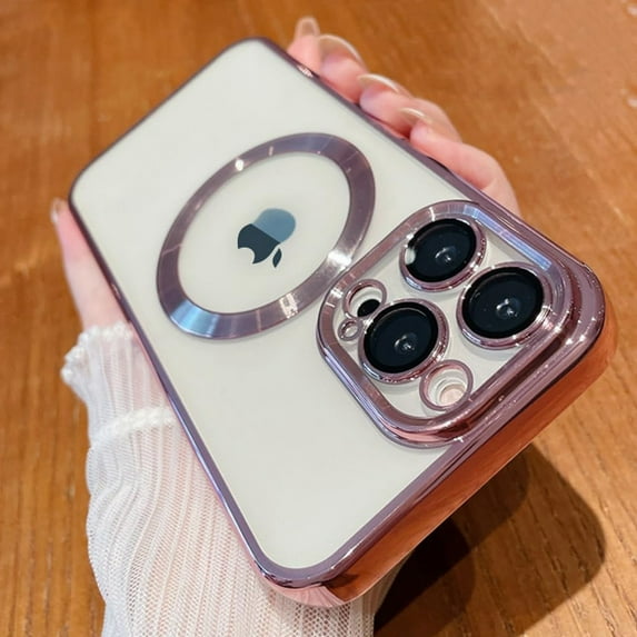 ShellTech Compatible with iPhone 12 Pro Max Magnetic Clear Case,Luxury Plating Electroplated Transparent Shockproof MagSafe Case with Full Camera Lens Protector for Women Girl Men,Rosegold