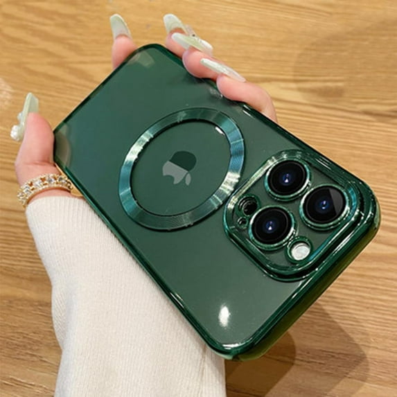 ShellTech Compatible with iPhone 13 Pro Magnetic Clear Case,Luxury Plating Electroplated Transparent Shockproof MagSafe Case with Full Camera Lens Protector for Women Girl Men,Darkgreen