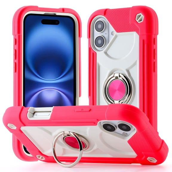 ShellTech Compatible with iPhone 15 Rubber Hybrid Armor Case Built-in 360°Rotating Ring Stand, Military Grade Drop Protection Full Body Rugged Heavy Duty Durable Cover,E Rose