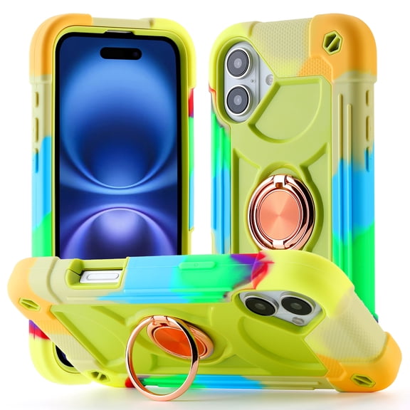 ShellTech Compatible with iPhone 15 Rubber Hybrid Armor Case Built-in 360°Rotating Ring Stand, Military Grade Drop Protection Full Body Rugged Heavy Duty Durable Cover,G Yellow Green