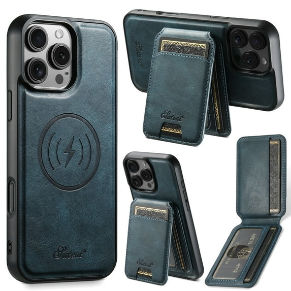 ShellTech Compatible with iPhone 16 Pro Wallet Case, Magnetic 2 in 1 Detachable Card Holder Case, Vintage Leather RFID Blocking Flip Kickstand Case for Men Women,Blue