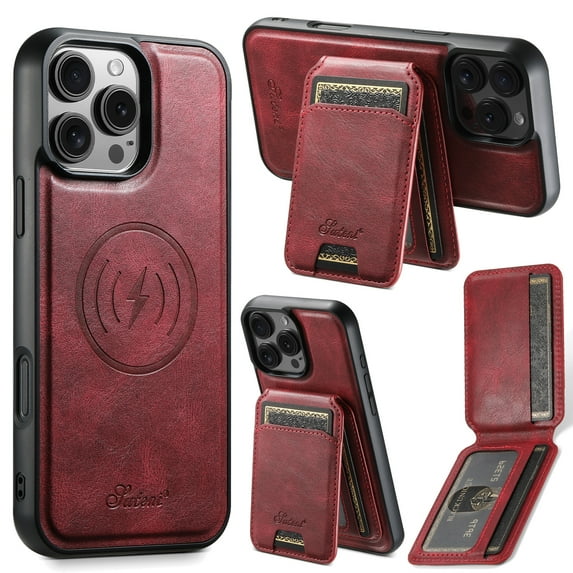 ShellTech Compatible with iPhone 16 Pro Wallet Case, Magnetic 2 in 1 Detachable Card Holder Case, Vintage Leather RFID Blocking Flip Kickstand Case for Men Women,Red