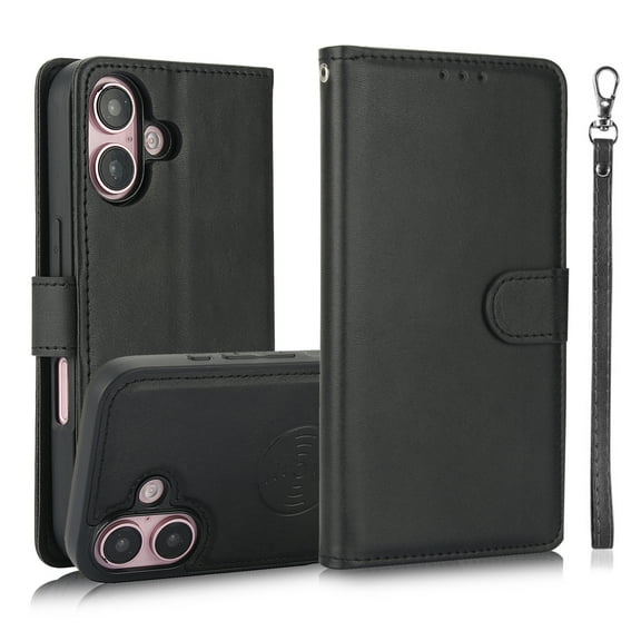 ShellTech Compatible with iPhone 16 Wallet Case, [RFID Blocking] 3 Card Holder Stand with Credit Card Slot PU Leather Magnetic Protective Flip Cover ,Black