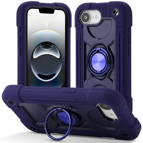ShellTech Compatible with iPhone 16e Rubber Hybrid Armor Case Built-in 360°Rotating Ring Stand, Military Grade Drop Protection Full Body Rugged Heavy Duty Durable Cover, Purple