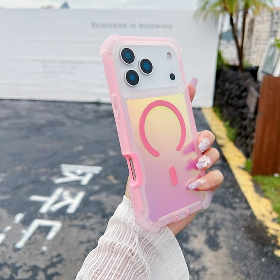 ShellTech Compatible with iPhone 17 Hybrid Case, Luxury Laser Aurora Dazzling Gradient Case Magnetic Shockproof Heavy Duty Dual Layer Armor Protective Iridescent Back Cover,Pink