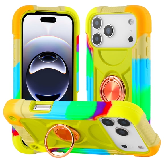 ShellTech Compatible with iPhone 17 Pro Max Rubber Hybrid Armor Case Built-in 360°Rotating Ring Stand, Military Grade Drop Protection Full Body Rugged Heavy Duty Durable Cover,G Yellow Green