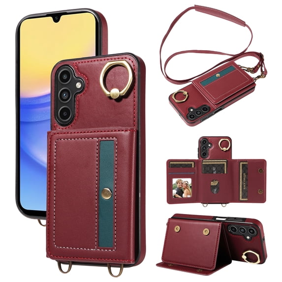 ShellTech Credit Card Slot Case for Samsung Galaxy A35 with Shoulder Strap,Magnetic Leather Flip Card Wallet Case Shockproof Ring Holder Kickstand Cover for Galaxy A35 5G,Red