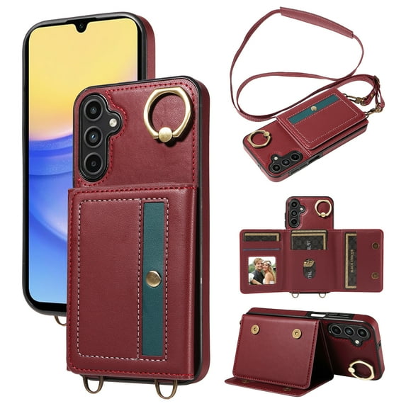 ShellTech Credit Card Slot Case for Samsung Galaxy A54 5G with Shoulder Strap,Magnetic Leather Flip Card Wallet Case Shockproof Ring Holder Kickstand Cover for Galaxy A54 5G,Red