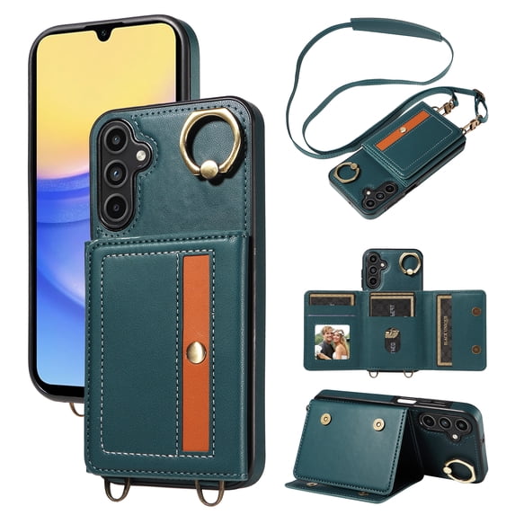 ShellTech Credit Card Slot Case for Samsung Galaxy A54 5G with Shoulder Strap,Magnetic Leather Flip Card Wallet Case Shockproof Ring Holder Kickstand Cover for Galaxy A54 5G,Cyan