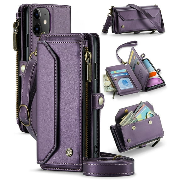 ShellTech Crossbody Wallet Women Men Bag Case for iPhone 11,Magnetic Leather Flip Case RFID Blocking 10-Card Holder Zipper Bills Slot Cash Pocket Stand Cover with Shoulder Wrist Strap,Purple