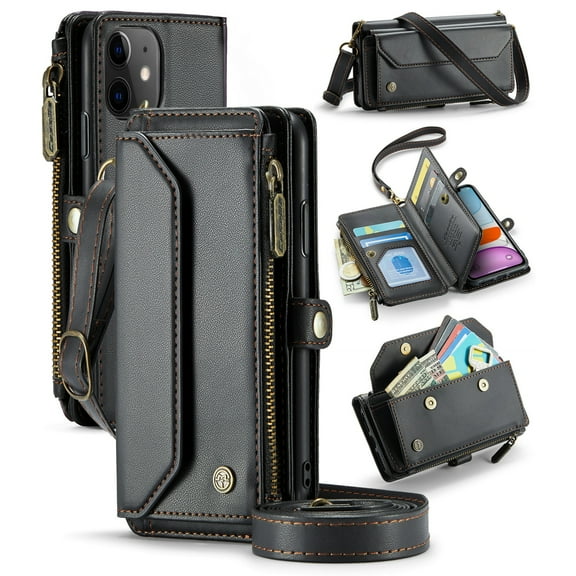 ShellTech Crossbody Wallet Women Men Bag Case for iPhone 11,Magnetic Leather Flip Case RFID Blocking 10-Card Holder Zipper Bills Slot Cash Pocket Stand Cover with Shoulder Wrist Strap,Black